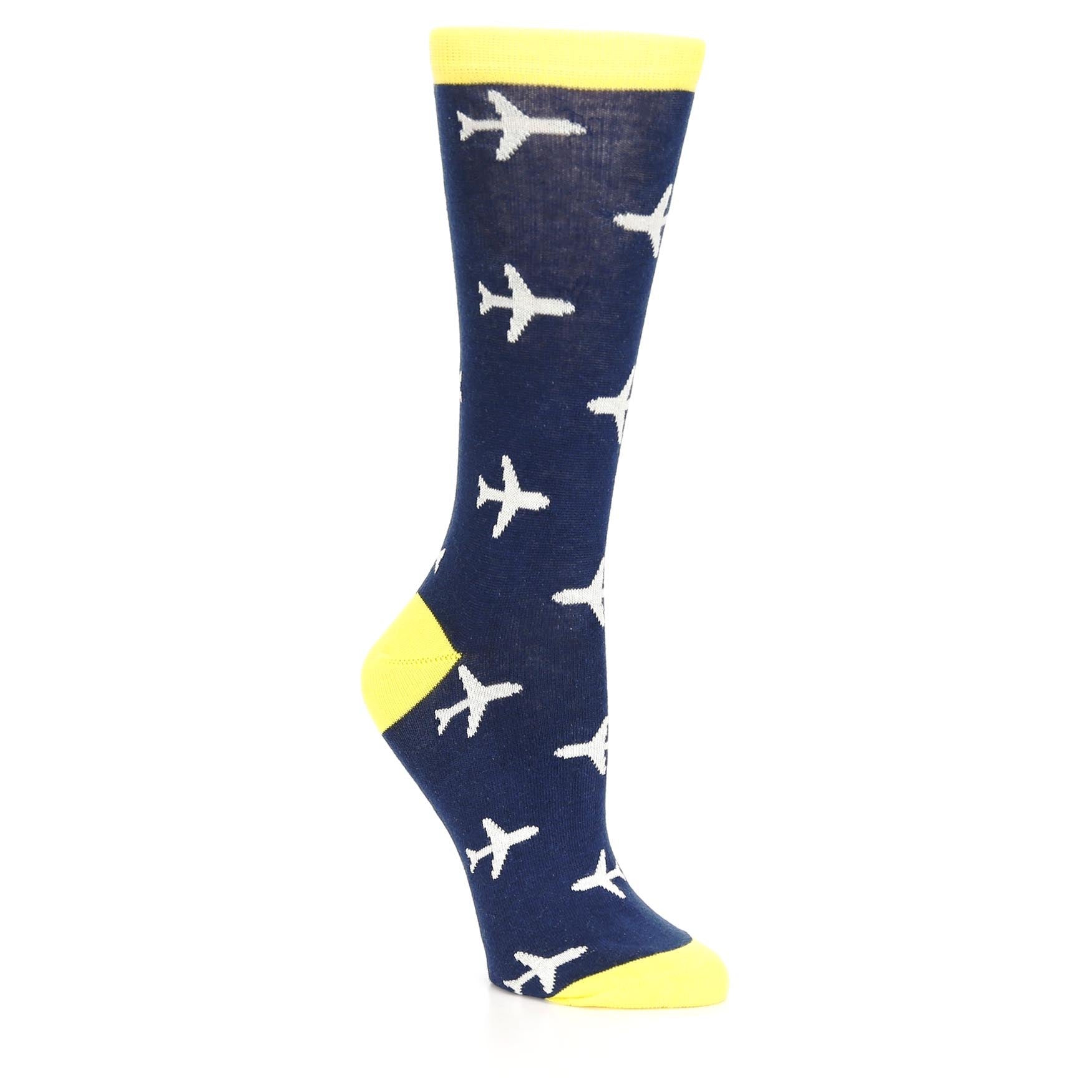 Navy Yellow Airplane Pattern Women's Dress Socks