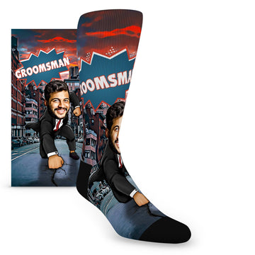 Custom Face Groomsmen Hero Super Strength Cracking City Street – Men’s Custom Socks