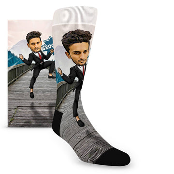 Custom Face Groomsmen Hero Flexing Power on Bridge – Men’s Custom Socks