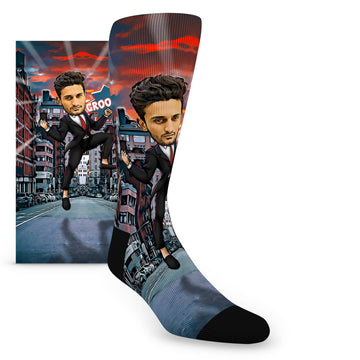 Custom Face Groomsmen Hero Flexing Power in City – Men’s Custom Socks