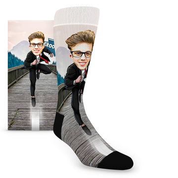 Custom Face Groomsmen Hero Flying Power on Bridge – Men’s Custom Socks