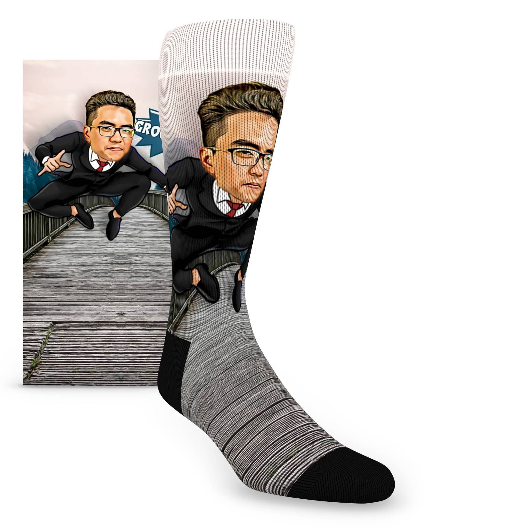 Custom Face Groomsmen Hero Jump Crouch on Bridge – Men’s Custom Socks
