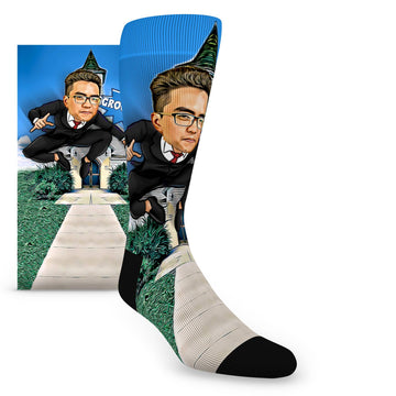 Custom Face Groomsmen Hero Jump Crouch at Church – Men’s Custom Socks