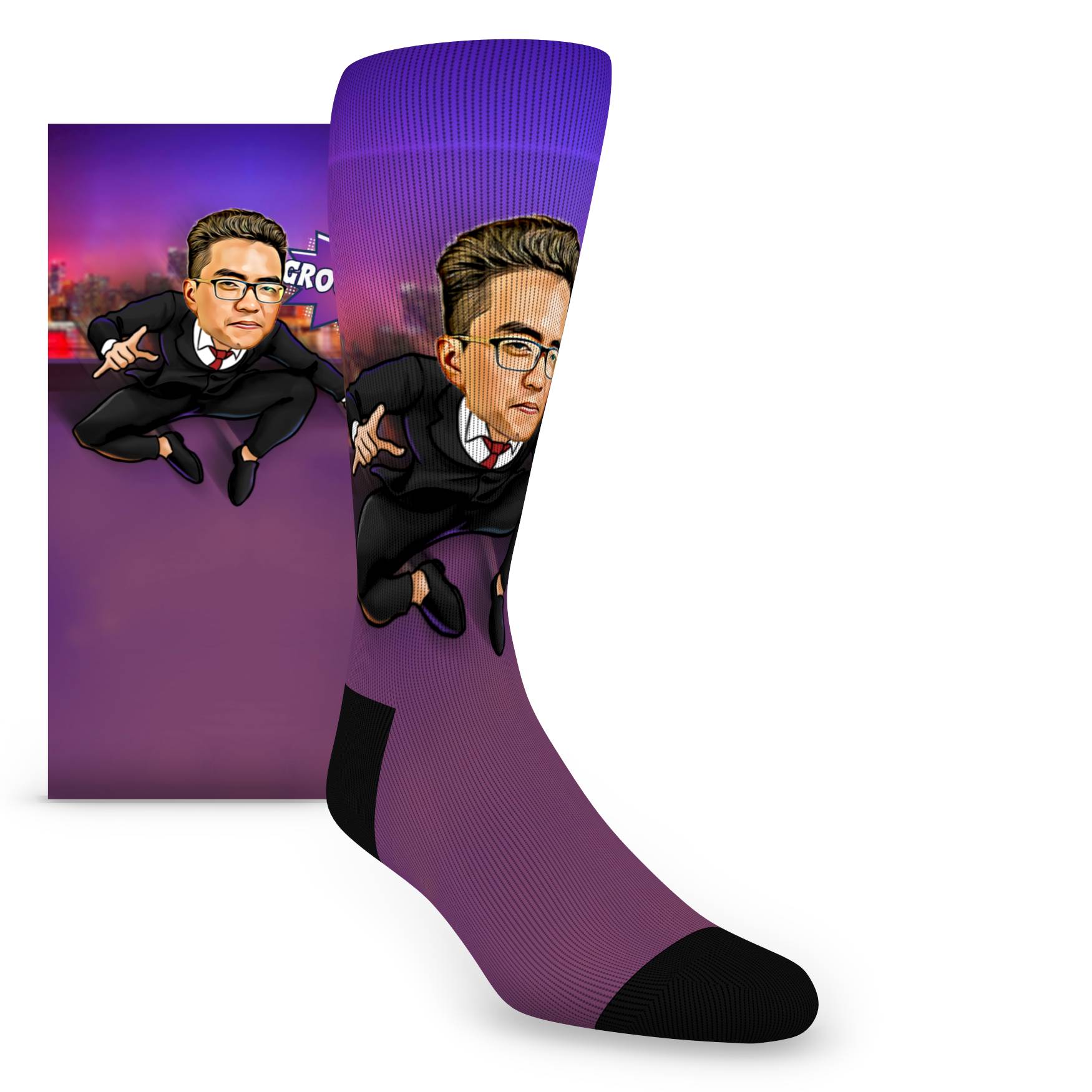 Custom Face Groomsmen Hero Jump Crouch on Rooftop – Men’s Custom Socks