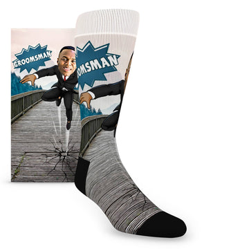 Custom Face Groomsmen Hero Jumping on Bridge – Men’s Custom Socks