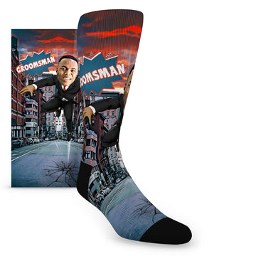 Custom Face Groomsmen Hero Jumping in City – Men’s Custom Socks