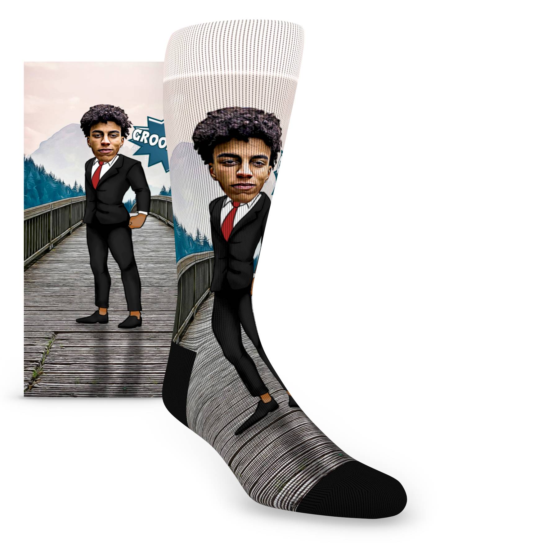 Custom Face Groomsmen Hero Standing on Bridge – Men’s Custom Socks