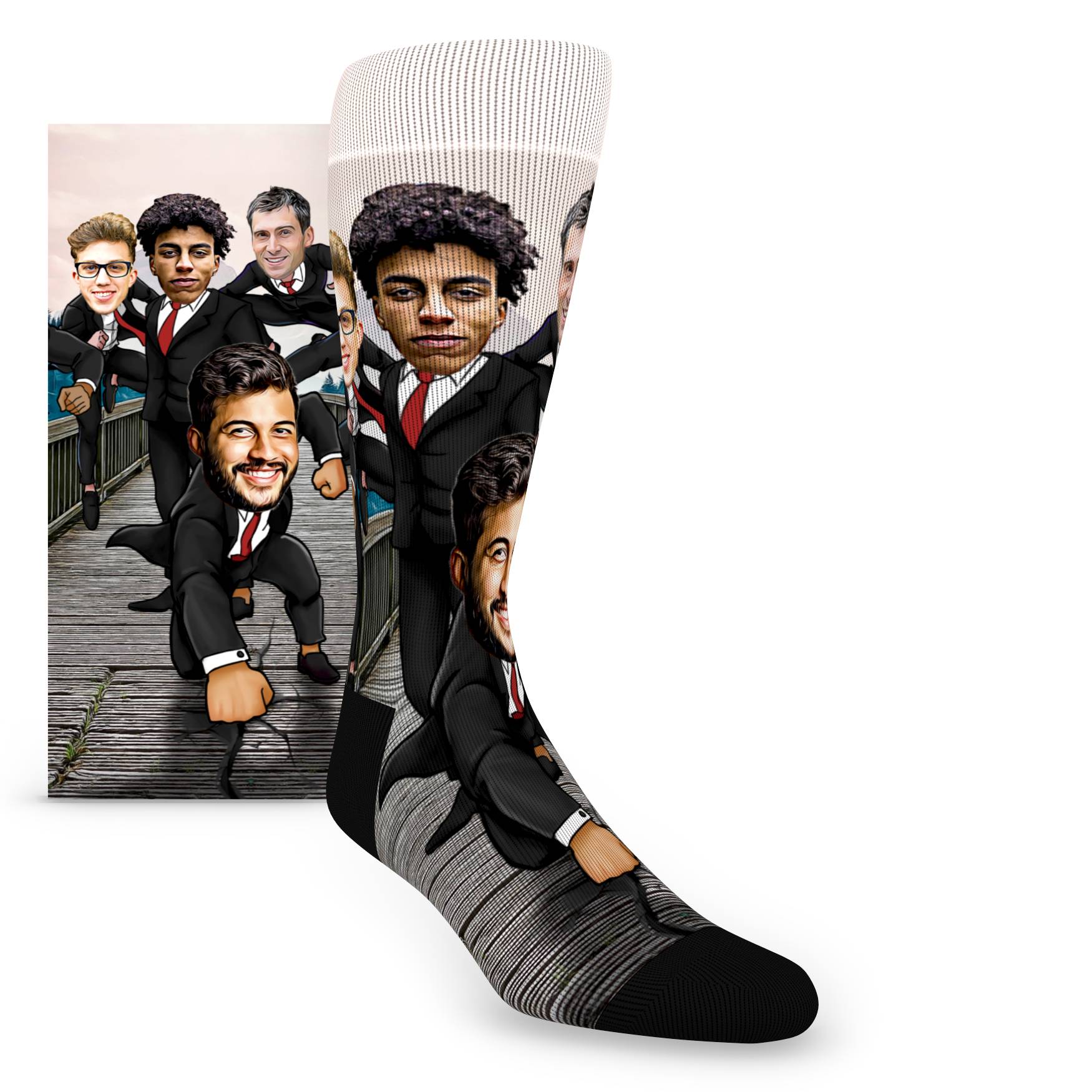 Custom Face Groomsmen Super Hero Group on Bridge – Men’s Custom Socks