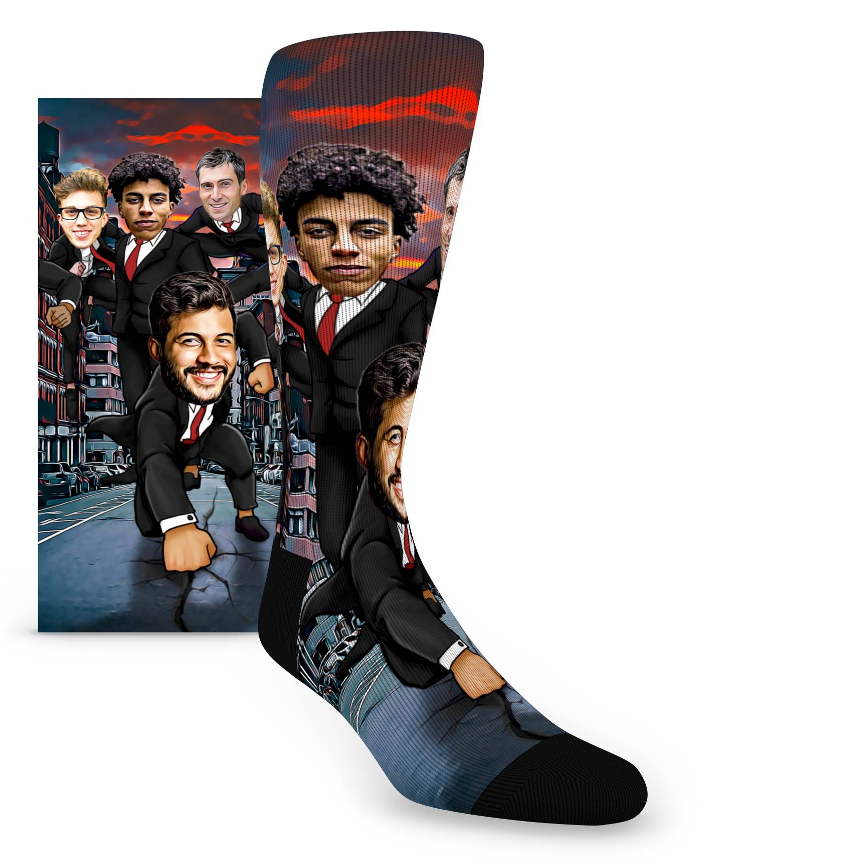 Custom Face Groomsmen Super Hero Group in City – Men’s Custom Socks