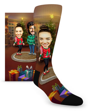 Custom Face Christmas Couple Portrait - Men’s Custom Socks
