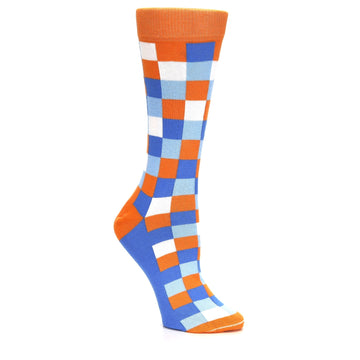 Orange Blue Checker - USA Made - Women's Novelty Socks