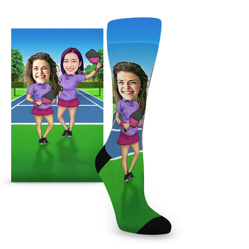 Custom Face Women's Doubles Pickleball Caricature – Women’s Custom Socks