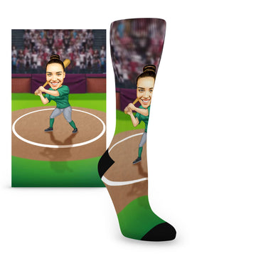 Custom Face Softball Player Caricature – Women’s Custom Socks
